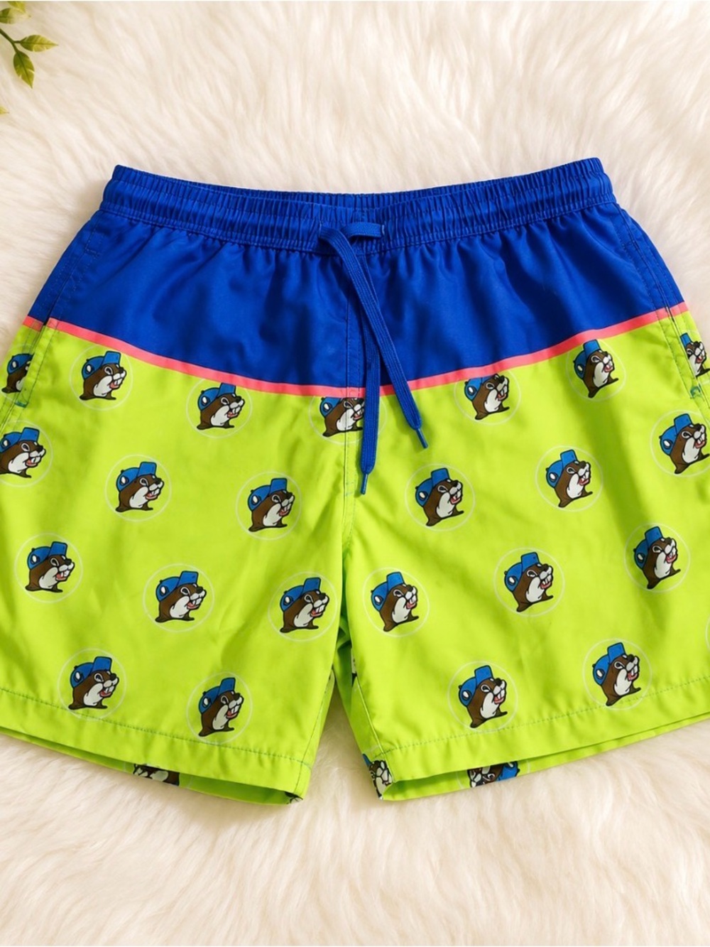 Men's Neon Green & Royal Blue Swim Trunks with Cartoon Print